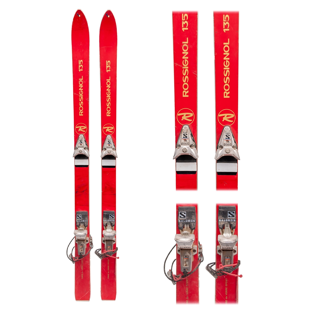1970s Rossignol 135 Kids Vintage Downhill Skis with Salomon 444 Step-in Bindings